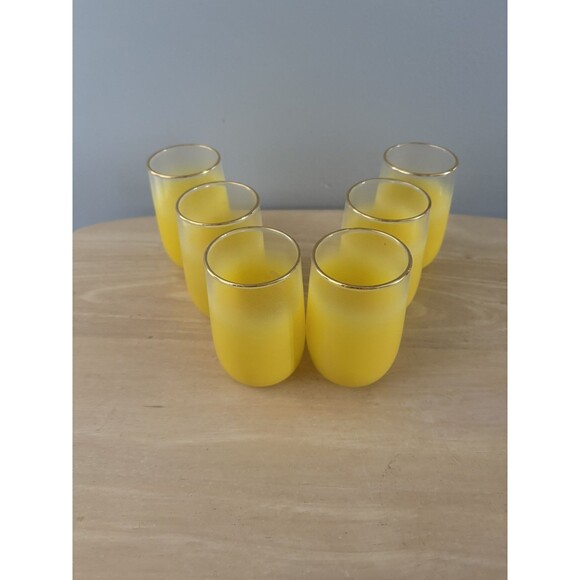 Vintage Blendo Frosted Yellow Gold Trim Juice Glasses West Virginia Lot of 6 MCM - Picture 2 of 10